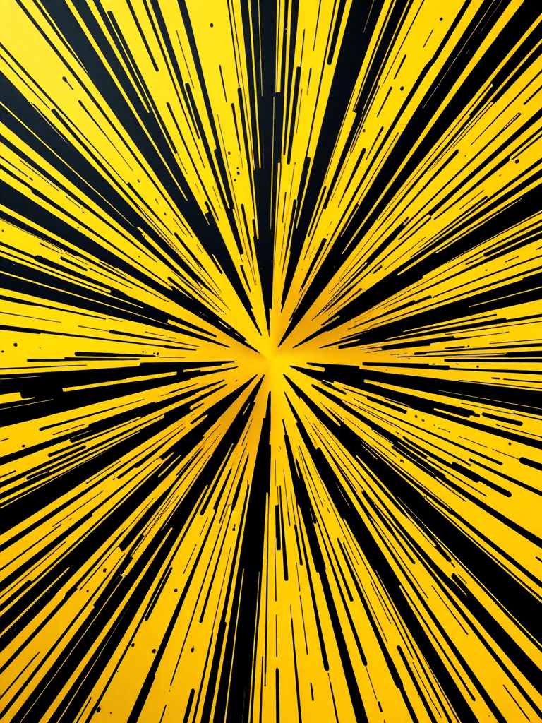 create a dynamic explosion effect featuring black sharp lines radiating from a central point on a vibrant yellow background, use a DSLR camera, set aperture to f/8, ISO 100, shutter speed 1/200s, capture in wide-angle lens style for enhanced depth and clarity