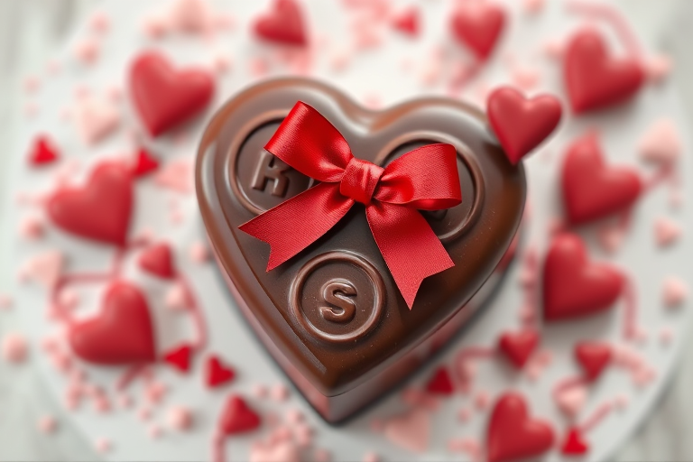 Create a high-resolution image of a heart-shaped chocolate box with a red bow on top, using a DSLR camera with a 50mm lens, aperture set to f/2.8, ISO 100, and a shallow depth of field to create a soft background blur, capturing the image from a top-down view with bright, even lighting for clarity and detail.