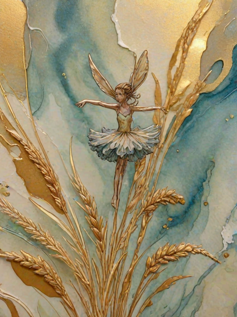 Soft, muted Alcohol Ink with ebru effect background image of tiny whimsical gazalle, who climbed high on the top of a golden rye ear.