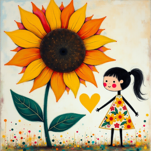 Stylized impressionism painting of a large sunflower with an oversized center and colorful petals. Beside, a young female character with eyes represented by dots and a mouth by a line, pink cheeks, hair attached, arms and legs a black line, flowery white dress triangle shape. A yellow heart surrounded by a black line between the two. Textured background with touches of colorful paint. Childish style.
