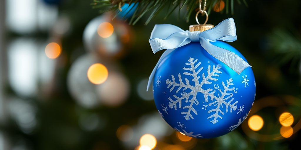 Create a high-resolution image of a blue Christmas ornament with white snowflake designs and a satin bow, using a DSLR camera with a 50mm lens, f/2.8 aperture, 1/125 sec shutter speed, natural lighting, and a soft focus background.