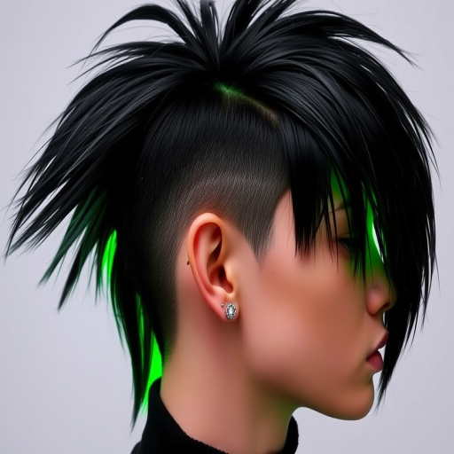 Neon green underlights peeking through a jet black mullet, Electric Rebel cut, featuring a bold contrast between classic punk and modern edge