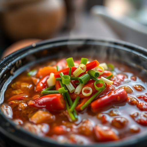 Capture a close-up of a bubbling hot stew in a black clay pot, showcasing vibrant colors of red chili and green scallions on top, soft focus background, natural lighting, aperture f/2.8, shutter speed 1/150 sec, ISO 100, macro lens.