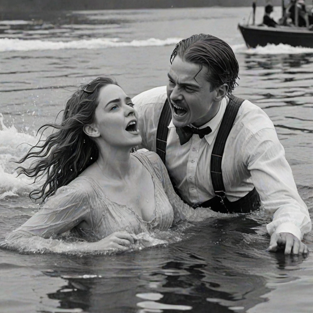 A hyperdetailed photorealistic black and white pencil sketch recreating the iconic scene at the end of Titanic with Jack and Rose floating in the water, only show them making exaggerated funny faces at the camera. Show Rose spitting water at the camera.