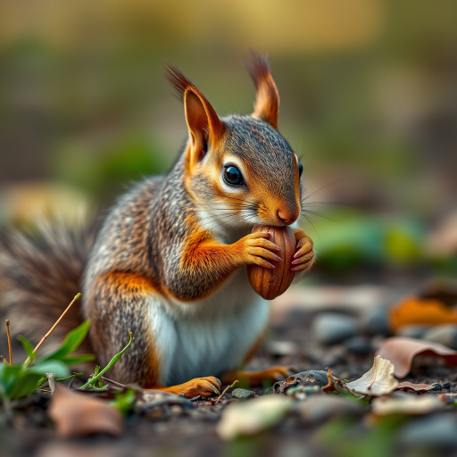 a close-up shot of a squirrel sitting on the ground holding a nut, with sharp focus on the animal and a softly blurred background, Canon EOS R5, 85mm lens, f/2.8 aperture, ISO 200, 1/250 sec, natural light, macro photography style