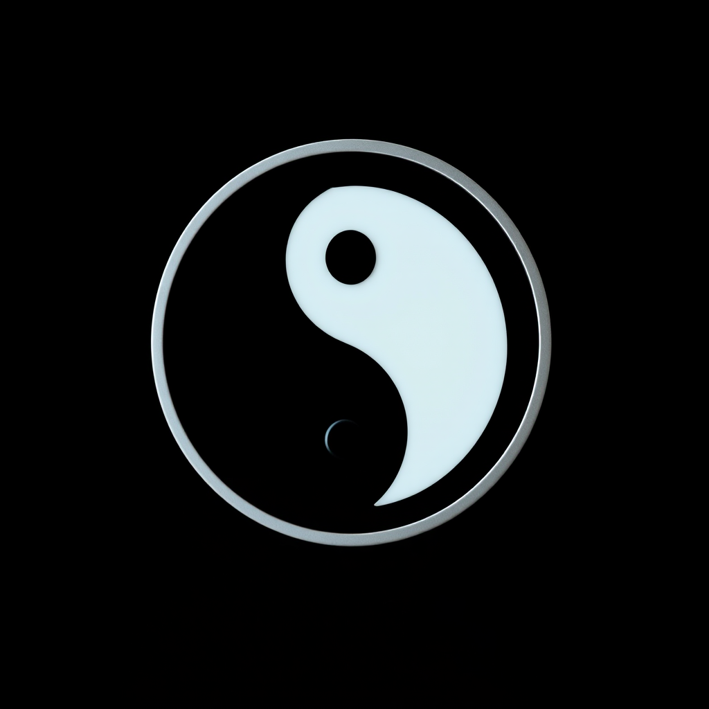 Create a high-resolution image of a yin and yang symbol with a clean black background, using a DSLR camera type, 50mm lens, f/2.8 aperture, ISO 100, and a soft focus camera style.