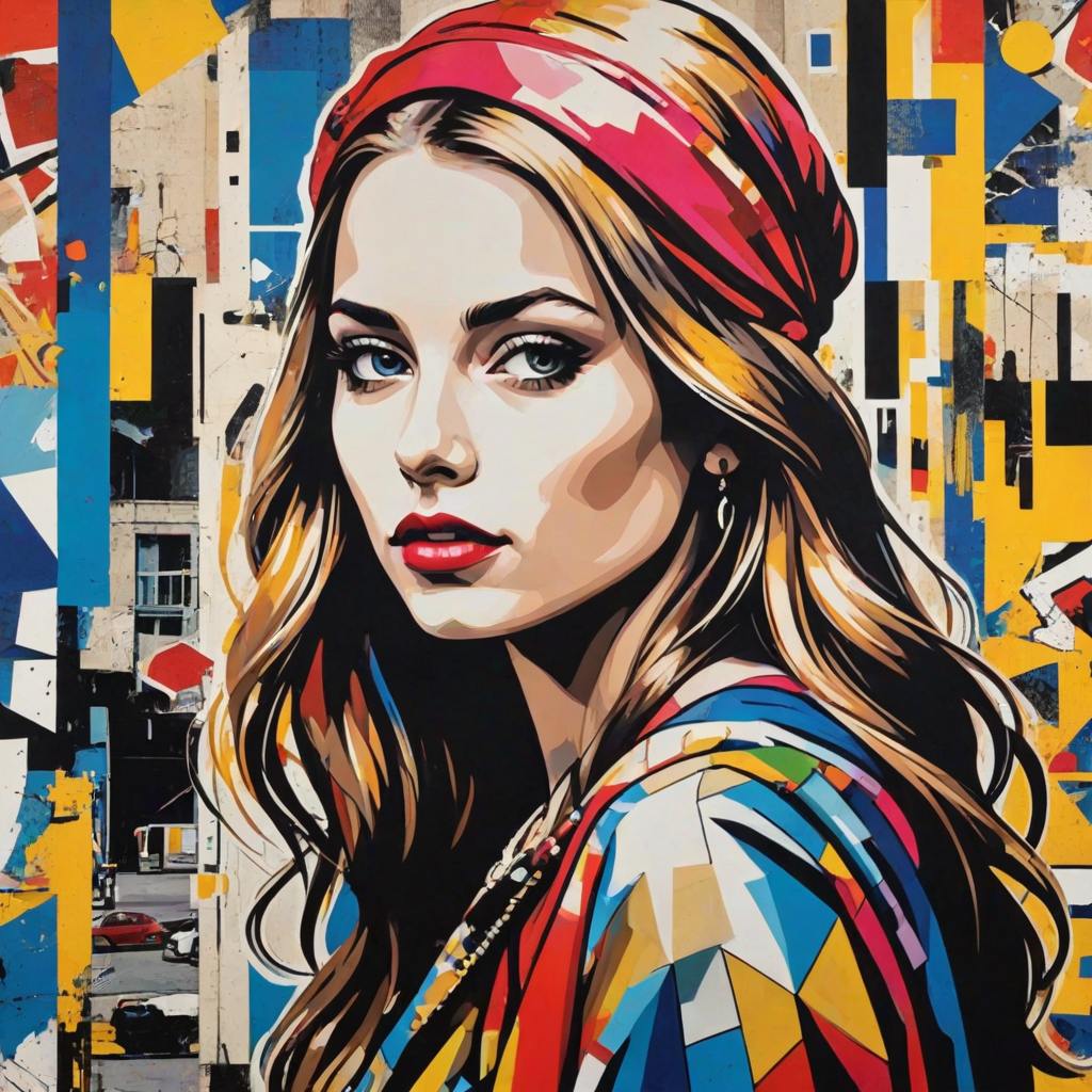 A vibrant artwork blending bohemian style with edgy street art, featuring a young Swedish woman. The design mixes vibrant colors with the modern Disney-inspired style, echoing Roy Lichtenstein's pop art. The overall mood is optimistic and trendy, with elements of Johannes Vermeer’s classic elegance, combined with the geometric abstraction of crystal cubism. add Stockholm silhouette
