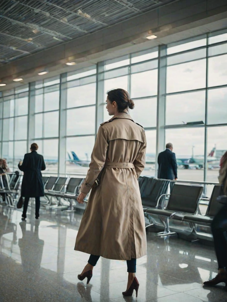 Bustling airport terminal, with people hurrying to their gates, a woman in a stylish trench coat stands by a large window, watching planes take off as she waits for her boarding call.