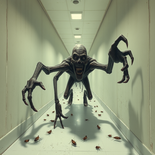 a crooked male with long arms and a creepy smile is crawling along a long white corridor and you can also see cockroaches in it there is a creepy atmosphere creepy art style