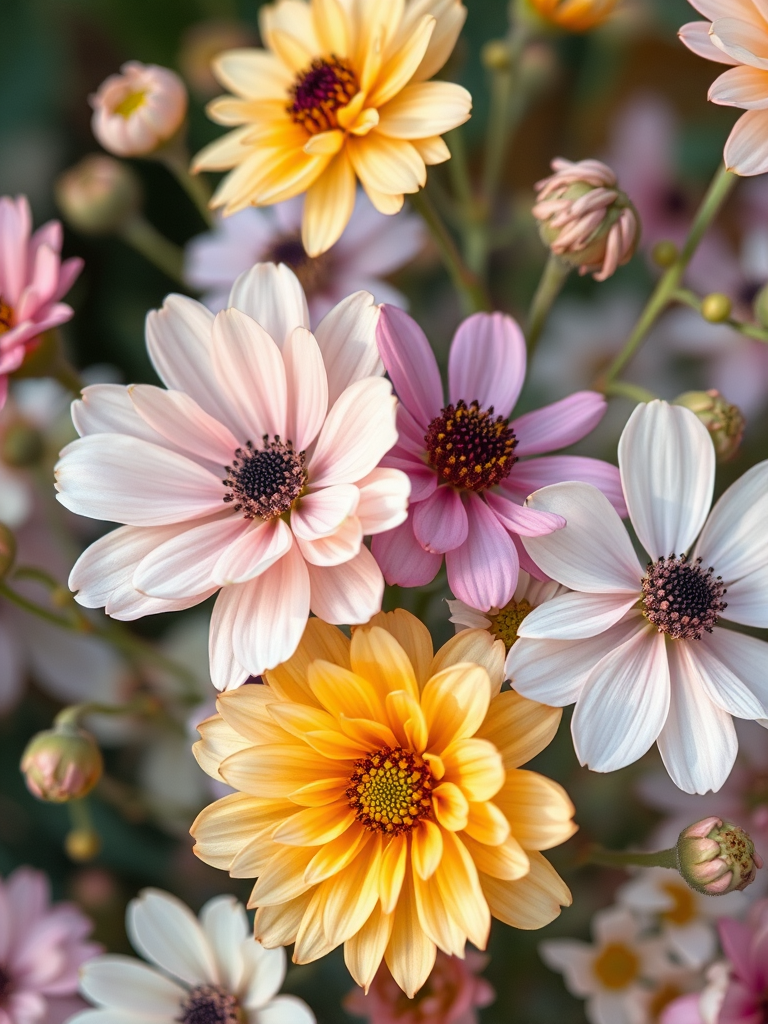 Generate a high-resolution vintage botanical illustration of flowers with soft pastel colors, 50mm lens, f/2.8 aperture, 1/250s shutter speed, natural light, macro photography style, digital camera.