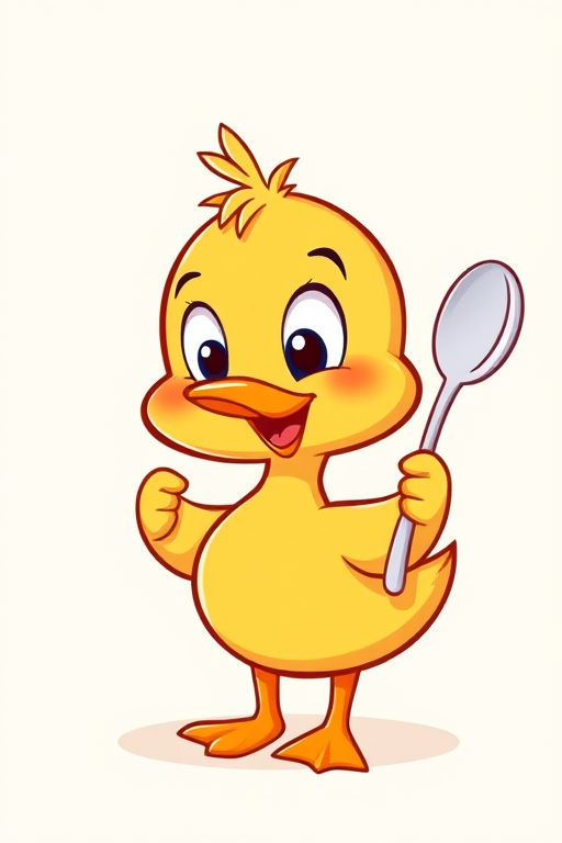 Cute cartoon duck character holding a spoon with a cheerful expression, simple and colorful design against a light background.