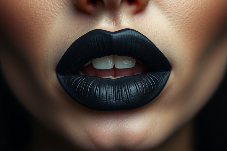 Striking visual of matte charcoal lips with a smoky finish, emphasizing bold contrast and edgy appeal in monochromatic tones