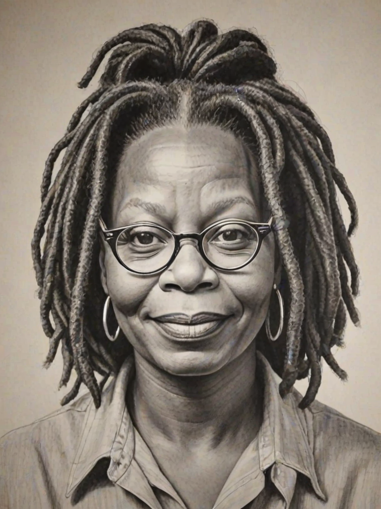 Gorgeous Whoopi Goldberg, pencil sketch, portrait of Enticing woman 1964s in glasses, hair style beatnik, outline, clear lines, fine lines, 8k