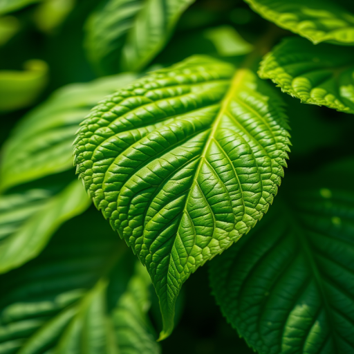 lush green leaves with intricate details, soft natural lighting, macro shot, DSLR camera with 50mm lens, f/2.8 aperture, ISO 100, 1/200 sec shutter speed, focused on leaf texture, shallow depth of field.