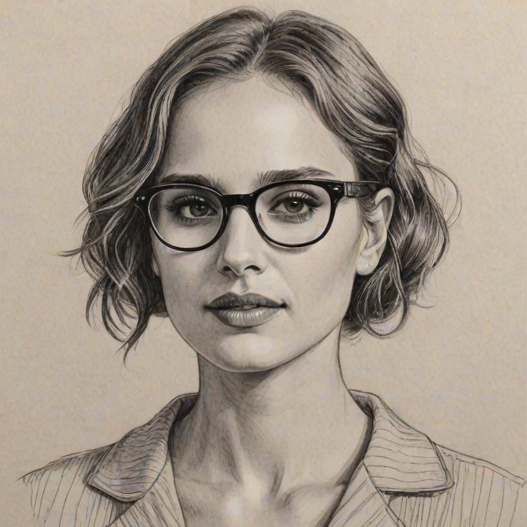 Enticing Natalie Portman, pencil sketch, portrait of Comely woman 1927s in glasses, hair style beatnik, outline, clear lines, fine lines, 8k