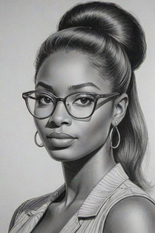 Lovely Coco Jones, pencil sketch, portrait of Stunning woman 1965s in glasses, hair style beatnik, outline, clear lines, fine lines, 8k