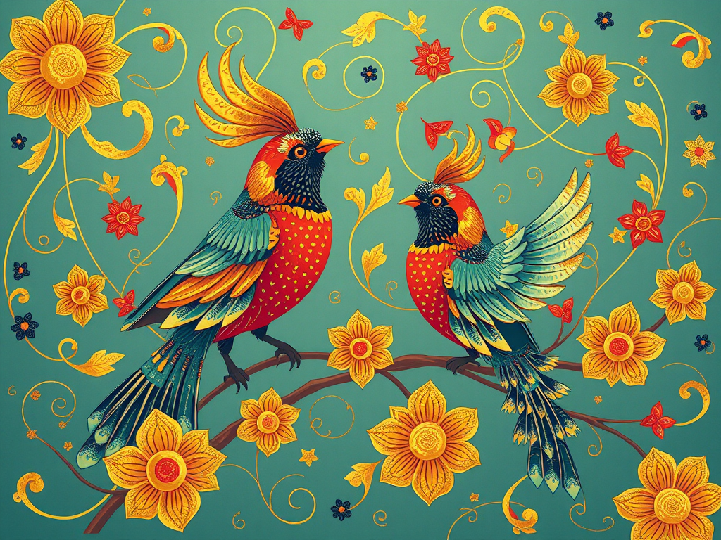 Create a vibrant and intricate illustration of stylized birds and floral patterns with swirling lines and golden accents, high-resolution, shot with a Canon EOS R5 at f/8, ISO 100, 50mm lens, soft lighting and vivid colors.