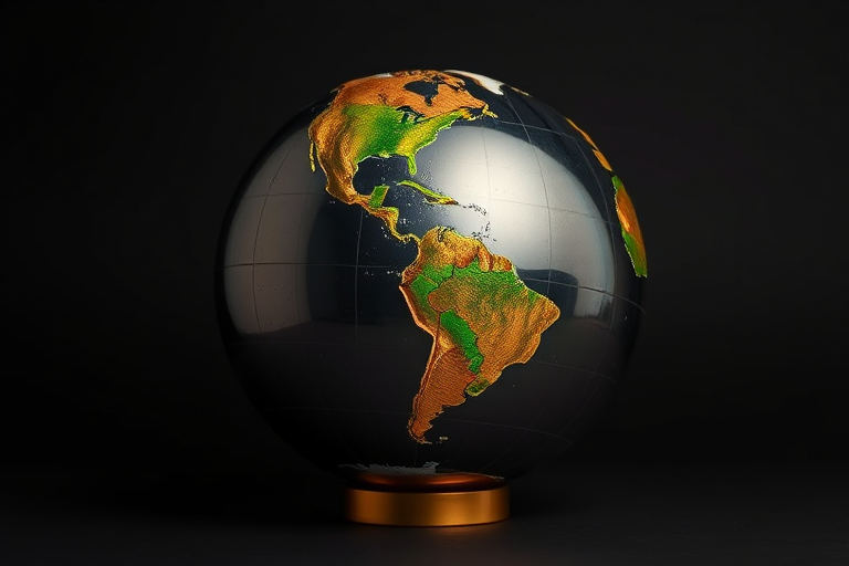 Regenerate an image of a metallic globe with gold and green features against a dark background, using a DSLR camera with a 50mm lens, aperture of f/2.8, ISO 100, and a softbox for even lighting, capturing a centered and detailed view.