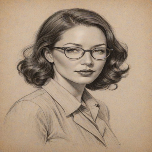 Magnificent Lynn Collins, pencil sketch, portrait of Fetching woman 1934s in glasses, hair style beatnik, outline, clear lines, fine lines, 8k