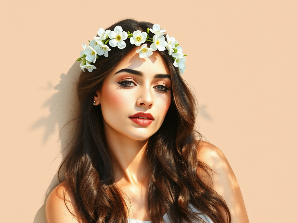 create a watercolor painting of an ethereal portrait of beautiful Pakistani woman with a simple white flower crown on her head. Her hair is long and she is lying on the ground. The sunlight on the trees casts shadows from the leaves on her face and body. The background is a neutral brown color that matches her skin tone. The image is minimalist and solid colors. This style is characterized by soft, delicate brushstrokes and a light, airy, contrasting color palette. High level of detail and play of light