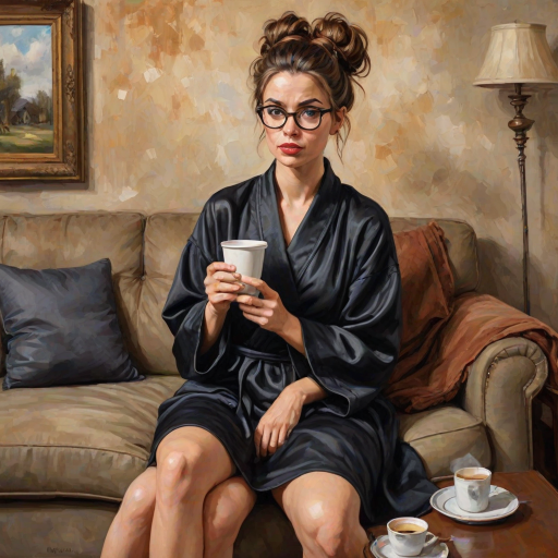 The words ‘Professional Overthinker’ (exact spelling) An exaggerated whimsical illustration of a cute silly lady with unruly messy brown bun and black glasses pouty lips and a thinking expression. Shes sitting on the couch, legs folded wearing a black silk robe, black fuzzy slippers. She’s holding her coffee cup and making a deep-in-thought face.  A quirky scruffy cat (dog) looking at her against a mottled, oil painting style soft background living room setting.