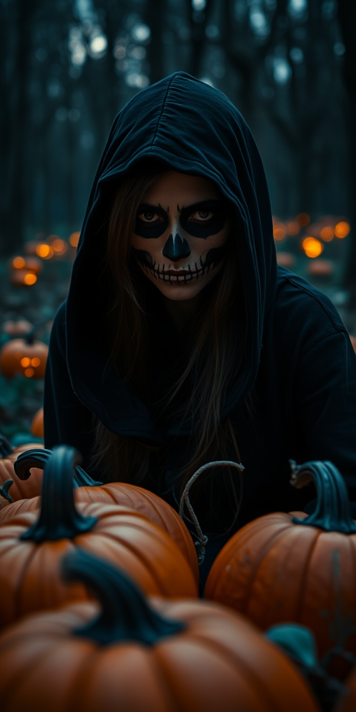 A mysterious woman with skull makeup wearing a dark hood, surrounded by illuminated pumpkins in a forest at dusk, shot with a Canon EOS R5, 50mm lens, f/1.8 aperture, ISO 200, 1/60s shutter speed, natural lighting with a slight glow from the pumpkins, cinematic style.