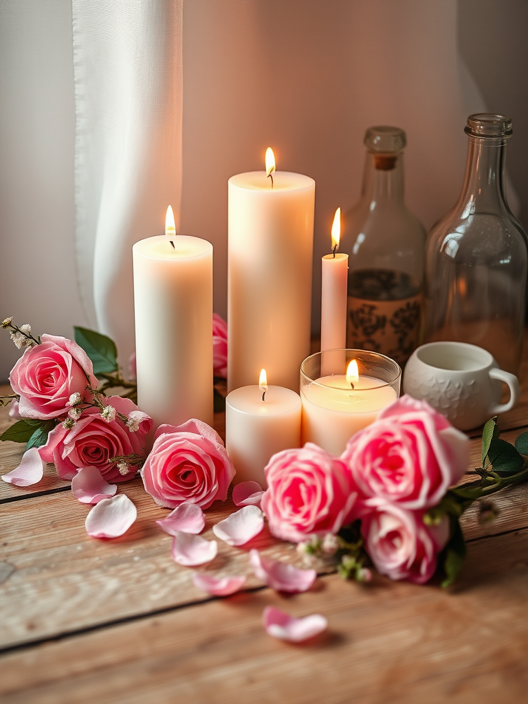Create a cozy still life scene featuring three candles of varying heights, surrounded by delicate pink roses, scattered rose petals, a decorative glass bottle, and a textured wooden surface, captured with a 50mm lens at f/1.8, 1/60 sec, ISO 200, using a soft focus style in natural lighting to enhance the warm ambiance.