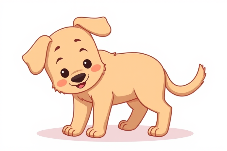Create a cartoon-style illustration of a happy, light brown puppy standing on a white background, with a soft shadow beneath it, using a digital art style, 300 DPI resolution, front view, with soft lighting effects.
