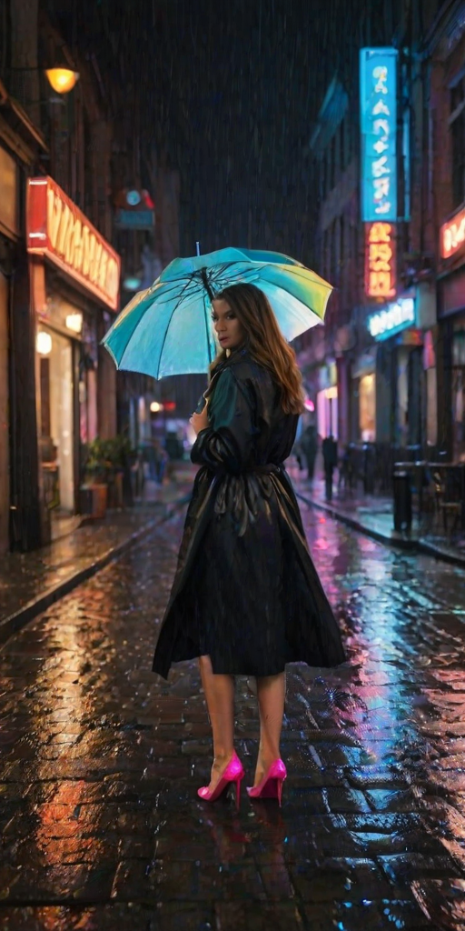 Rainy city street at night, neon signs casting a colorful glow on the wet pavement, a woman in a black trench coat walks quickly under her umbrella, her heels clicking against the cobblestones.