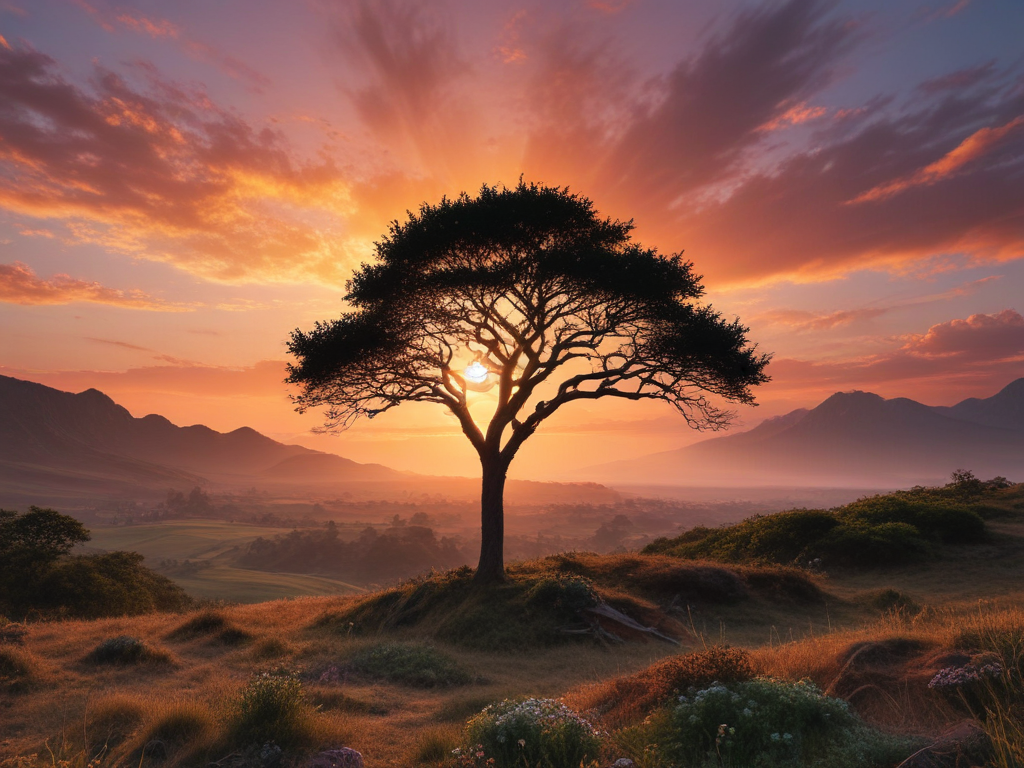 Majestic Sunset Behind a Solitary Tree in a Serene Landscape