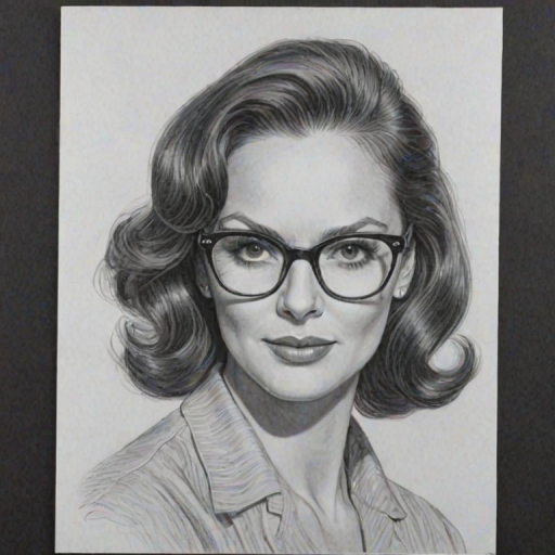 Splendid Lesley Ann Warren, pencil sketch, portrait of Resplendent woman 1949s in glasses, hair style beatnik, outline, clear lines, fine lines, 8k