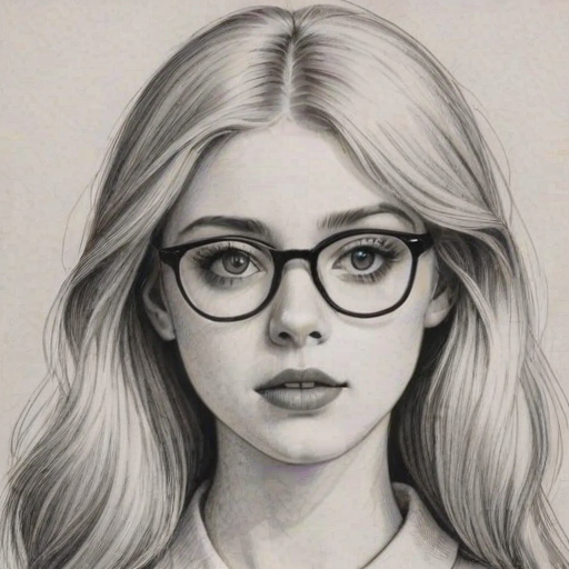 Graceful Allison Harvard, pencil sketch, portrait of Lovely woman 1965s in glasses, hair style beatnik, outline, clear lines, fine lines, 8k