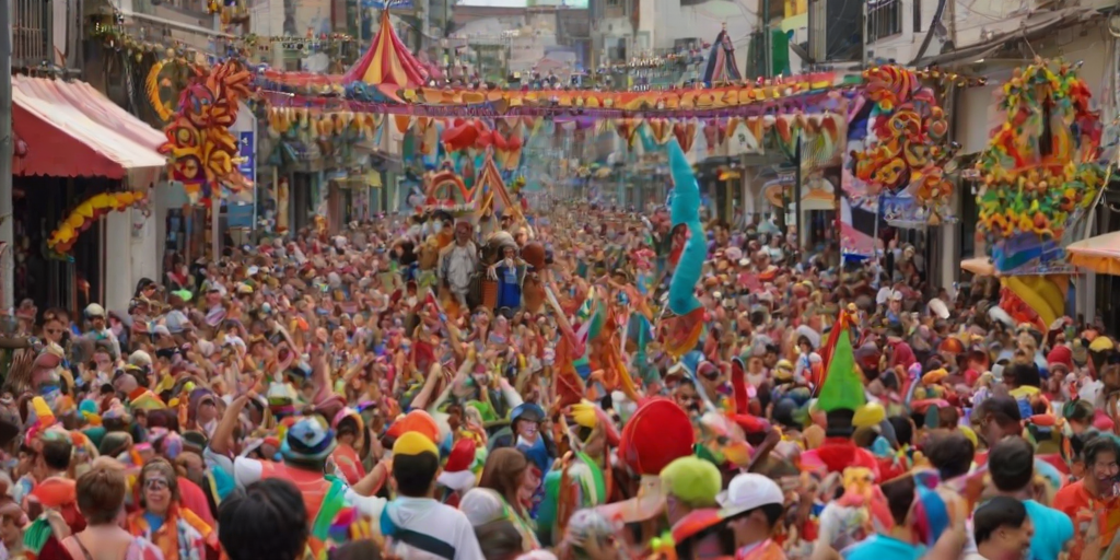Colorful parade, with floats and performers dressed in vibrant costumes, people cheering along the route, and festive decorations adorning the street, capturing a sense of celebration.