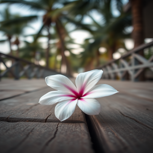 close-up of a white flower on wooden planks, blurred background of palm trees and railing, soft natural lighting, aperture f/2.8, shutter speed 1/200s, ISO 100, macro lens, DSLR camera