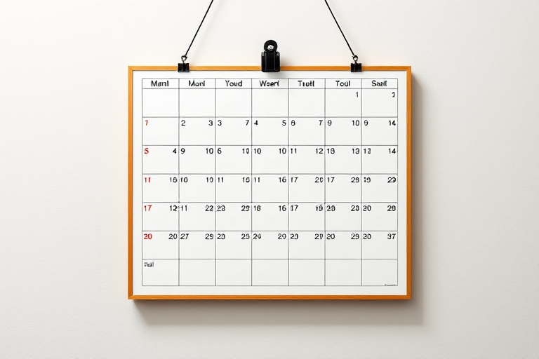 Create a high-resolution image of a blank wall calendar, top view, with a soft-focus background, using a DSLR camera at f/2.8 for shallow depth of field, ISO 100, and a focal length of 50mm.