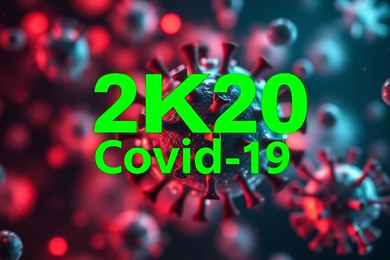 Generate an abstract digital illustration representing COVID-19, featuring vivid green text "2K20" and "Covid-19" overlaid on a glowing background with microscopic virus imagery, high-resolution, shot with a DSLR camera at f/11, ISO 100, 50mm lens, soft lighting.