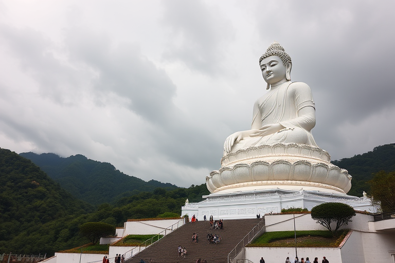 Create an image of a large white Buddha statue with multiple tiers against a backdrop of lush green mountains and a cloudy sky, captured with a Canon EOS 5D Mark IV, ISO 100, f/8, 1/250s, wide-angle lens, from a slightly low angle to emphasize the statue's height.