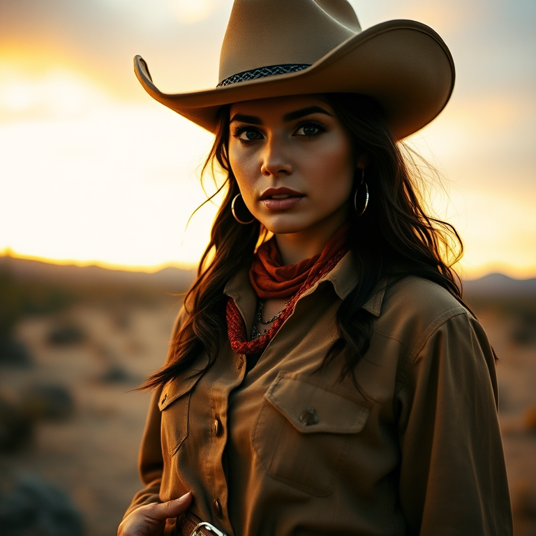Dramatic photo of a beautiful Hispanic woman, classic cowboy attire, confident and free spirit expression, half-length portrait, centered, golden hour desert landscape, warm, diffused light, low angle, medium format film camera, in style of Annie Leibovitz.
