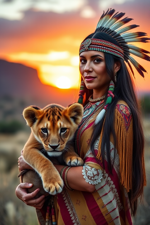 Create an image of a beautiful Native American woman with long hair wearing traditional attire, holding a young lion cub, surrounded by a scenic landscape with a sunset, captured with a Canon EOS R5, 50mm lens, f/1.8, ISO 100, in a soft focus style to enhance depth and color vibrancy.