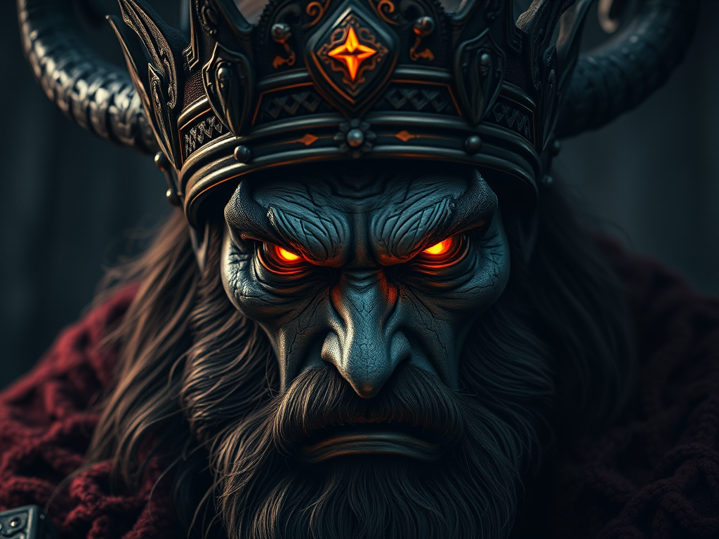 create a dark fantasy portrait of a menacing king with glowing eyes and a horned crown, dramatic lighting and rich textures, using a Canon EOS R5, 50mm lens, f/1.8 aperture, 1/100s shutter speed, ISO 200, with a low-angle view to emphasize power and intensity, focusing on vibrant colors and intricate details in a painterly style.