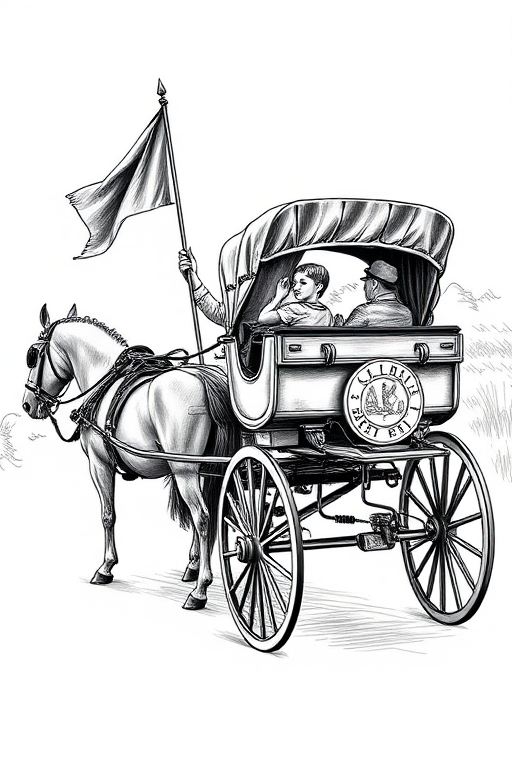 Create a detailed black and white sketch of a vintage horse-drawn carriage with a driver holding a flag, including two passengers in the carriage, and a small boy waving, captured with a Canon EOS R5, 50mm lens, f/8 aperture, ISO 100, and shallow depth of field for enhanced image quality.