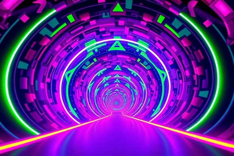 generate a vibrant 3D fractal tunnel with bright neon colors including greens, purples, and pinks, using a Canon EOS R5 with a 24mm f/1.4 lens, aperture set to f/8, shutter speed 1/60 sec, ISO 100, from a low angle perspective, ultra-wide angle, high dynamic range imaging to enhance depth and clarity
