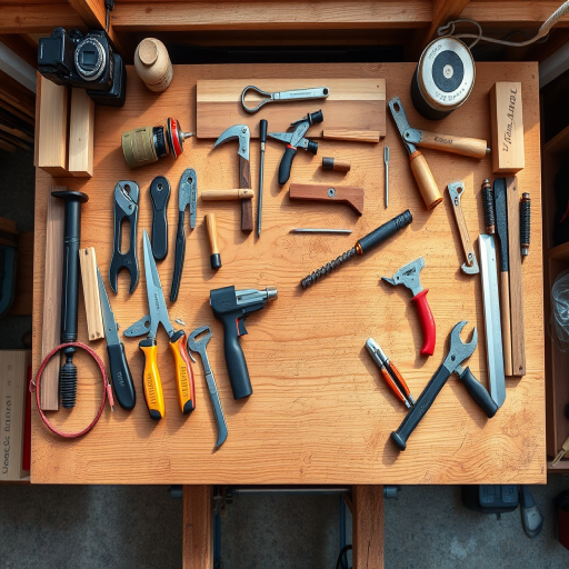generate a detailed vector illustration of a woodworking bench with tools, using a Canon EOS R5 camera with a 24-70mm f/2.8 lens, at ISO 100, f/8, 1/160s, in natural light, top-down view for clarity and to emphasize the workspace and tools layout