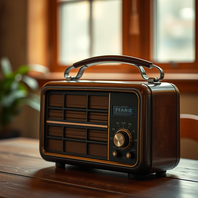 vintage radio on wooden table, warm lighting, taken with a DSLR camera, f/2.8 aperture, ISO 100, 50mm lens, shallow depth of field, soft focus background
