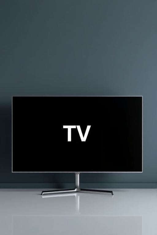 Create a high-resolution image of a modern flat-screen television with a minimalist design showing the text "TV" in the center, using a 50mm lens, f/8 aperture, ISO 100, and a softbox for even lighting.
