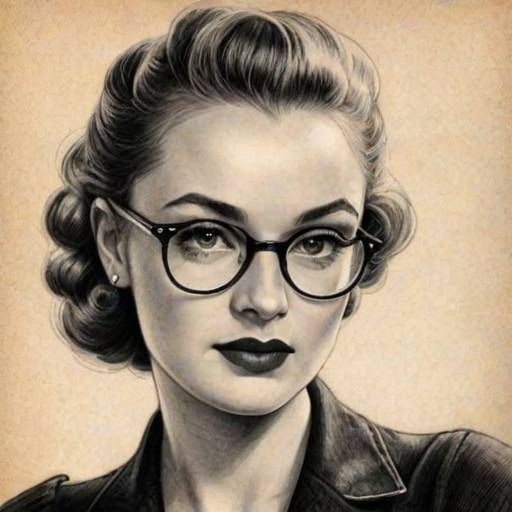Fetching Hunter King, pencil sketch, portrait of Bewitching woman 1940s in glasses, hair style beatnik, outline, clear lines, fine lines, 8k