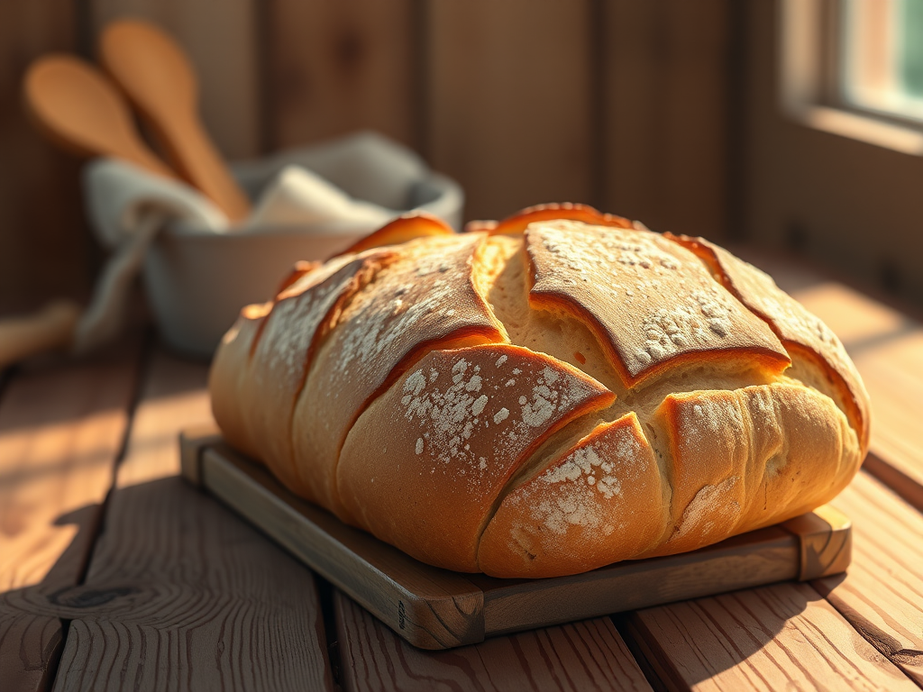 a high-resolution illustration of a loaf of bread on a rustic wooden table, soft natural lighting to highlight texture, focus on the bread with a shallow depth of field, shot with a Canon EOS R5 at f/2.8, 50mm lens, ISO 200, with a warm color palette for a cozy atmosphere