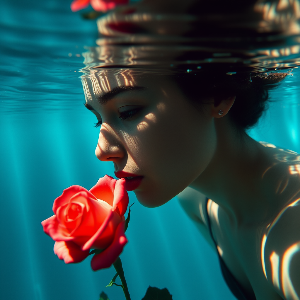 A woman underwater, gazing at a rose Her face is reflected in the water's surface The scene is illuminated by sunlight filtering through the water The atmosphere is serene and contemplative