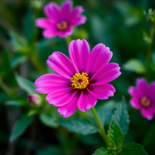 a close-up of a vibrant pink flower with a yellow center surrounded by green foliage, soft focus background