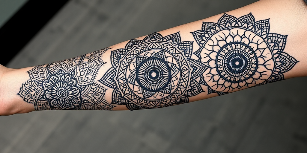 Intricate blackwork tattoo covering the entire arm, showcasing a detailed geometric mandala design with intricate patterns and symmetrical shapes, incorporating dotwork shading for added depth and dimension